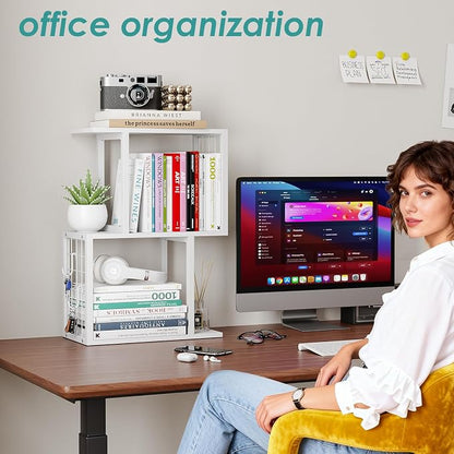 Small Desktop Bookshelf Organizer, White 3-Tier Desk Shelf with Metal Hook Workspace Organizers for Desk Organization and Office Storage Table Bookcase