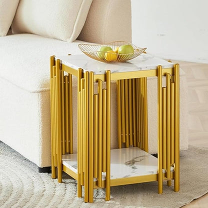 White Marble Coffee Table Set of 4, Faux Marble Coffee Tables, White Gold Console Table and 2 End Tables with Chrome Metal I-Base, Luxury 4 Piece Living Room Table Set for Home Office