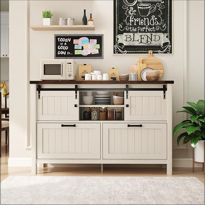Lateral File Cabinet with Charging Station, Farmhouse Sliding Barn Doors & 2 Drawers, Antique White Printer Stand for Letter/A4/FC Hanging Folders