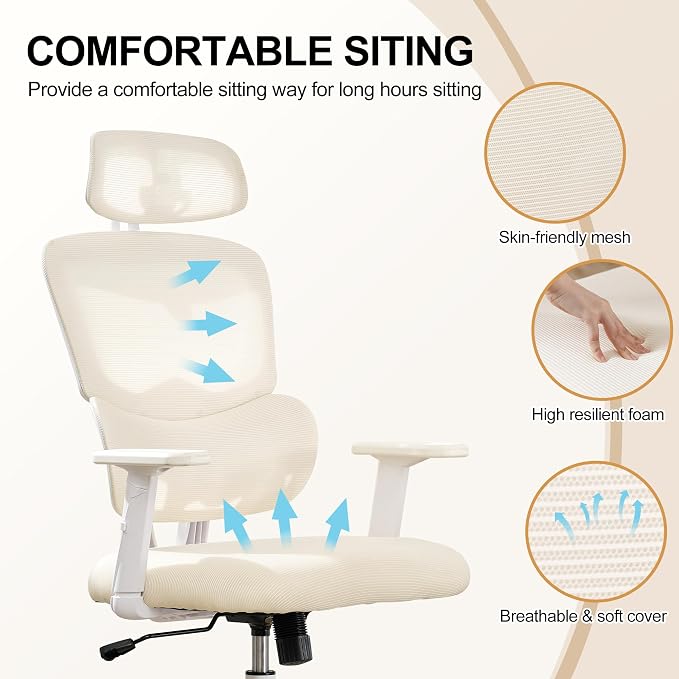 Ergonomic Office Chair,Home Mesh Office Desk Chairs,High Back Office Chair 330 LBS,Swivel Computer Chair with 2D Armrest,Adjustable Headrest,Lumbar Support,Rocking Function (Beige)