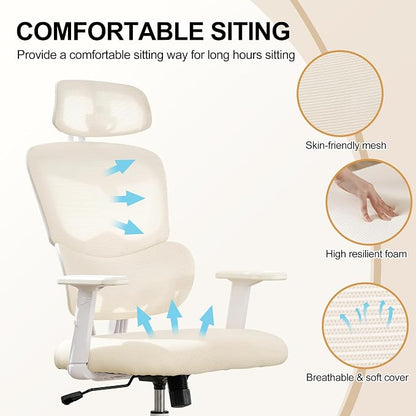 Ergonomic Office Chair,Home Mesh Office Desk Chairs,High Back Office Chair 330 LBS,Swivel Computer Chair with 2D Armrest,Adjustable Headrest,Lumbar Support,Rocking Function (Beige)