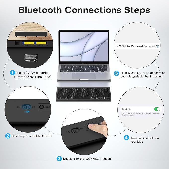 OMOTON Bluetooth Keyboard Compatible with Mac, Compact Wireless Keyboard Compatible with MacBook Pro/Air, iMac, Mac mini/Pro Laptop and PC, Dark Black