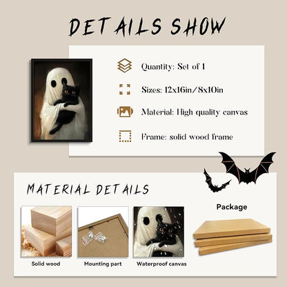 Framed Vintage Halloween Ghost Wall Art, Cute Ghost Hugging Black Cat Canvas Print, Cozy Dark Academia Gothic Halloween Decor for Living Room Bedroom, 12x16in Wood Frame