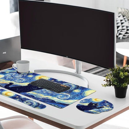 Britimes Cat Blue Moonlight Keyboard Mouse Pad Set Oil Painting Abstract 4in1 Large Mousepad+Keyboard Wrist Rest+Mouse Wrist Rest+Coaster Ergonomic Design for Home Office Computer 35.4x15.7 inches