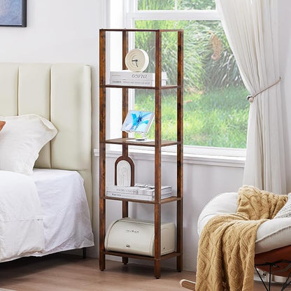 YUFAM 54in Tall Bookshelf 5-Tier Small Narrow Bookcase, Skinny Book Shelf for Small Space, Farmhouse Slim Shelf with Storage, Wood Freestanding Display Thin Bookshelves for Living Room, Office, Brown