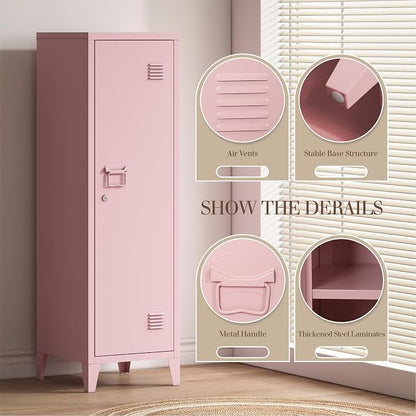 Locker Cabinet, 50" Pink Small Metal Locker Storage Cabinet for Employees with Locking Door and 2 Shelves Kids Locker Tool File Cabinets for Bedroom, Home Office, Garage, Bathroom