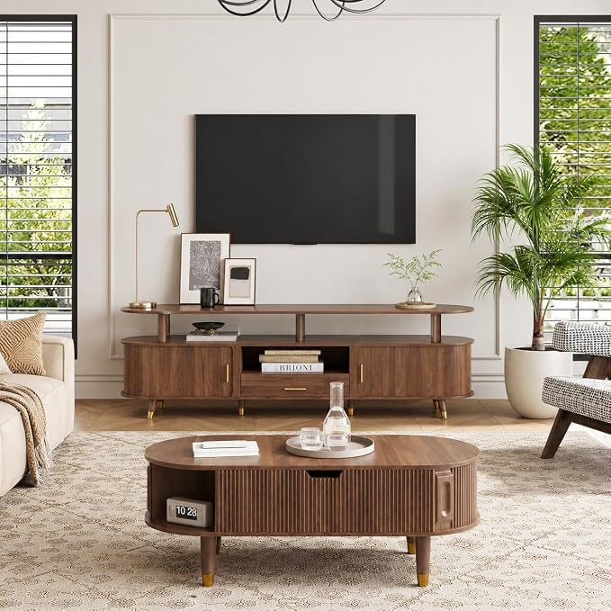 LED TV Stand and Coffee Table Set of 2, Lift Top Coffee Table with Storage, TV Console Table with Power Outlet Living Room Table Sets for Living Room, Bedroom, Home Office, Walnut