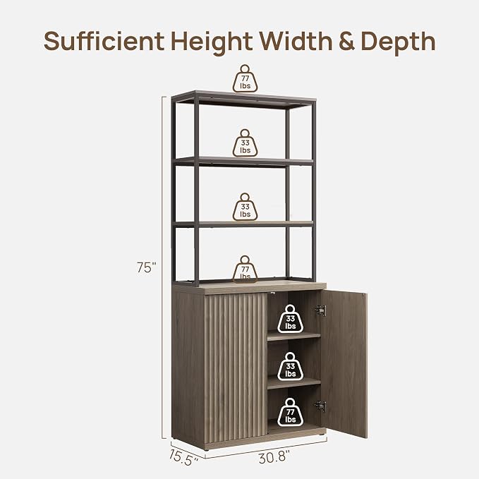 SICOTAS Book Shelf Fluted Bookshelf Cabinet - 75" Tall Bookcase 6 Tier Large Bookshelves with Doors Storage Modern Triple Wide Book Shelves Case for Living Room Home Office, Metal Frame, Grey