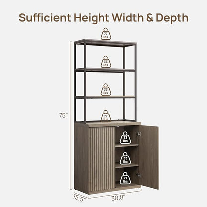SICOTAS Book Shelf Fluted Bookshelf Cabinet - 75" Tall Bookcase 6 Tier Large Bookshelves with Doors Storage Modern Triple Wide Book Shelves Case for Living Room Home Office, Metal Frame, Grey