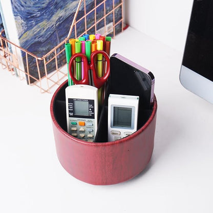 Round Leather Art Supply Organizer,Remote Control Holder,360 Degree Spinning,Multi-Functional Pencil Holder,4 Compartments Desktop Stationary Organizer(1-Thin Wood Red Brown)