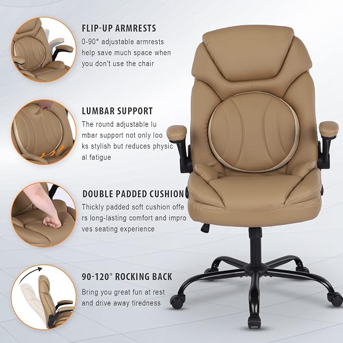 Big Tall Executive Office Chairs with Lumbar Support PU Leather Rocking Managerial Chair Comfy Swivel Desk Chairs with Wheels Flip-up Armrests, Khaki