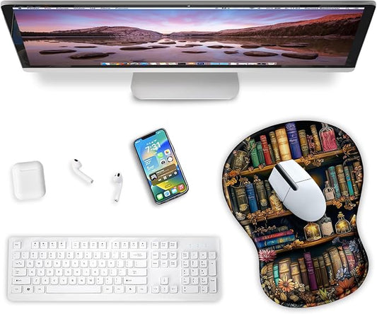 Cat Mouse Pad with Wrist Rest Cute Ergonomic Mousepad Middle Concave Office | Book Wrist Support for Women, Desk Accessories, Gaming, Work, Home, Non-Slip PU Base, for Wireless Mouse Computer Laptop
