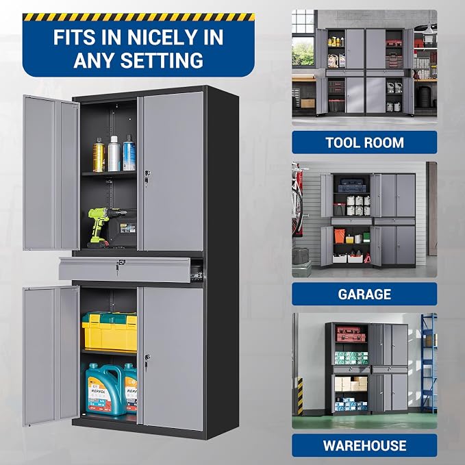 Fesbos 71" Metal Cabinet-Black&Gray Heavy Duty Storage File Cabinet Steel Tool Cabinets with Shelves, Lockable Doors and Drawers- for Garage, Pantry, Warehouse - Assembly Required