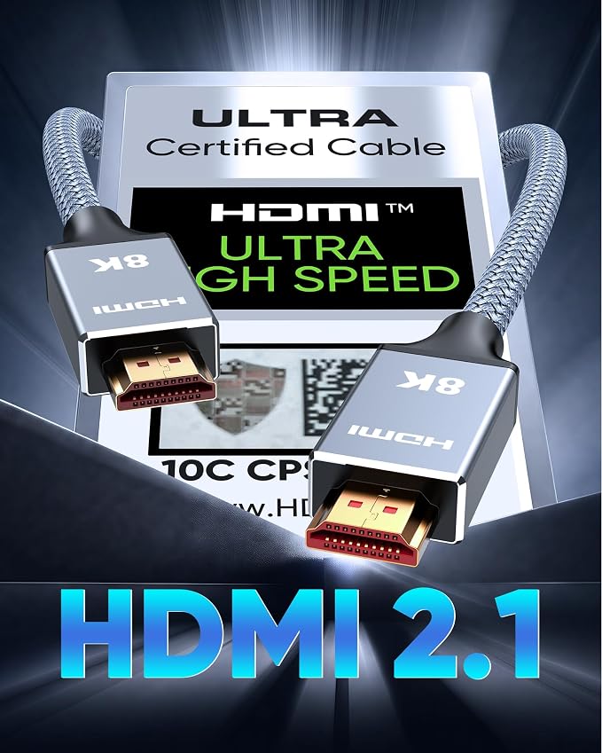 Capshi 5ft 8K 4K@120Hz HDMI Cable 2.1, Certified 48Gbps High Speed Cord | for PS5/4, TV, Gaming Console, Monitor, 8K@60Hz, 2K@240Hz, 144Hz, Support HDR, eARC, DTS:X, HDCP 2.2 & 2.3, Braided, Grey
