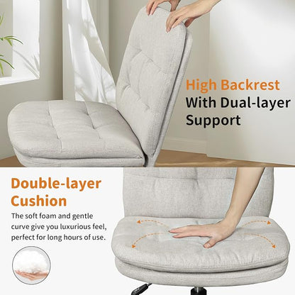 Home Office Desk Chair Comfy - Armless Criss Cross Chair with Wheels Vanity Chair Office Chairs Rolling Swivel Height Adjustable for Adults - Beige