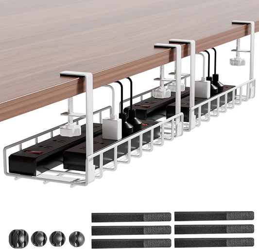 Under Desk Cable Management Tray 2 Pack, Xpatee Upgraded Wire Management No Drill No Screws, Cable Tray with Clamp for Wire Organizers, Computer Cord Rack for Office, Home - No Damage to Desk White