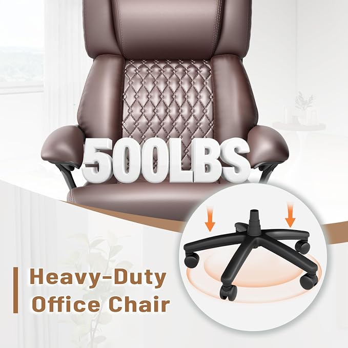HOMREST Big and Tall Office Chair, Brown | 500lbs Heavy Duty, Adjustable Lumbar Support & Backrest, Ergonomic Executive Leather, Wide Armrests and Wheels