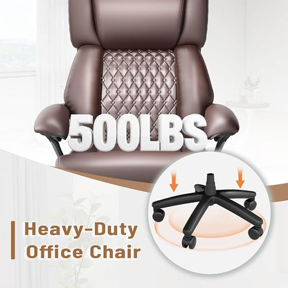 HOMREST Big and Tall Office Chair, Brown | 500lbs Heavy Duty, Adjustable Lumbar Support & Backrest, Ergonomic Executive Leather, Wide Armrests and Wheels