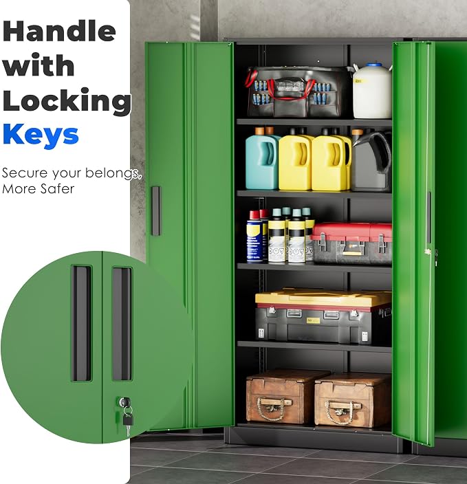 INTERGREAT Storage Cabinet with Doors and Shelves, Metal Garage Storage Cabinets with Lock, Black Lockable Steel Supply Cabinet for Home Office, Warehouse (Black Green)