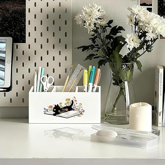 Black Cat Pen Holder, Book Lovers Reader Gifts Pencil Holder for Desk, Black Cat Lovers Gifts for Women, Floral Book Wooden Box Sign Decorations for Reading Room Corner Nook Desk Tabletop