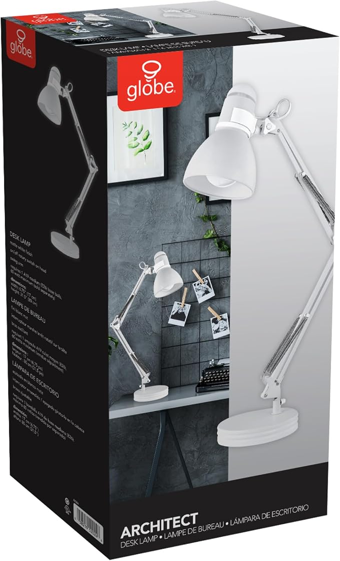 GLOBE Electric 52024 28" Swing Arm Architect Desk Lamp, Matte White, Rotary Switch on Shade, Partially Adjustable Arm, Modern Lighting for Bedroom or Office, Timeless, Indoor Lights(Pack of 2)