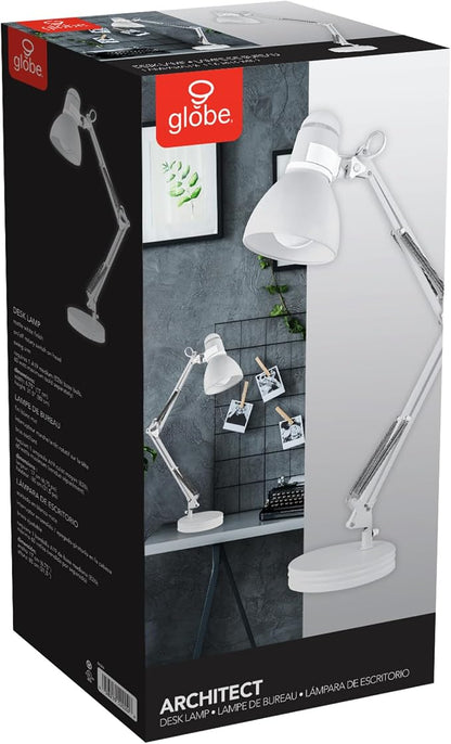 GLOBE Electric 52024 28" Swing Arm Architect Desk Lamp, Matte White, Rotary Switch on Shade, Partially Adjustable Arm, Modern Lighting for Bedroom or Office, Timeless, Indoor Lights(Pack of 2)