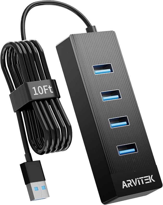 10Ft 4-Port USB 3.0 Hub Long Cable for PC, USB Extender Hub 5Gbps, USB Multiport Adapter, USB Splitter w/Long Cable for Desktop, Laptop, Flash Drive, Mobile HDD, USB Fan (10 Foot / 3m)
