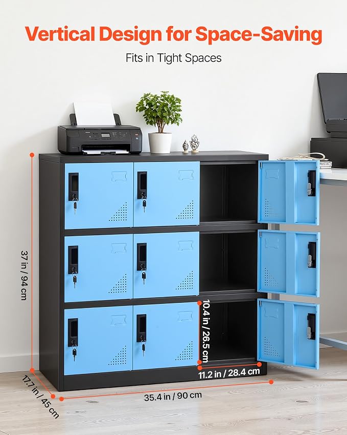VEVOR 9 Doors Metal Locker for Employees, Steel Locking Storage Cabinet with Card Slot and Ventilation, 2 Keys for Each Door, Employee Lockers for Office, School, Gym, Home, Easy Assembly, Blue&Black
