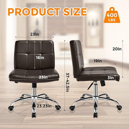360° Office Desk Chair,PU Adjustable Rolling Task Chair with Backrest for Barber,Office,Home, Computer,360° Swivel,Armless，desk chair without arms，office chair 400+ lb weight capacity(Widened Brown)
