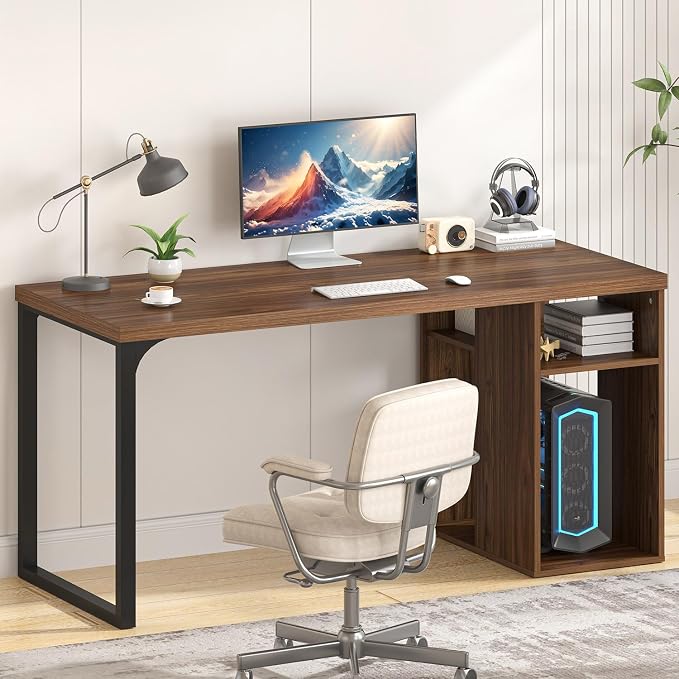 EXCEFUR Home Office Desk with Storage, Modern Computer Desk with Reversible Shelves, Gaming Study Writing Table Workstations for Living Room Bedroom, 53 Inch, Rustic Walnut