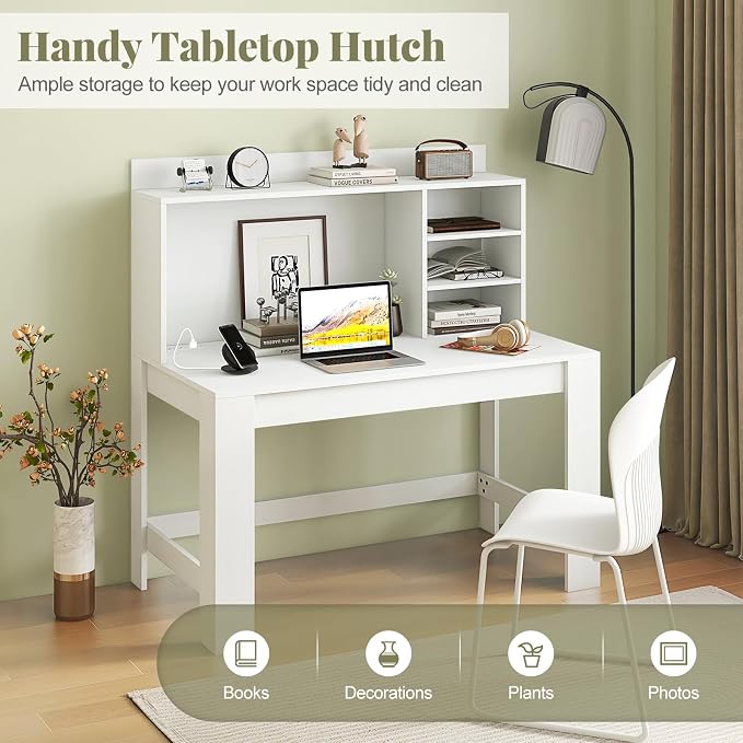 Giantex Computer Desk with Hutch, Modern Home Office Desk with Power Outlets, Storage Shelves & Cable Hole, Makeup Vanity Table, Study Writing Desk for Bedroom Office Small Space, White