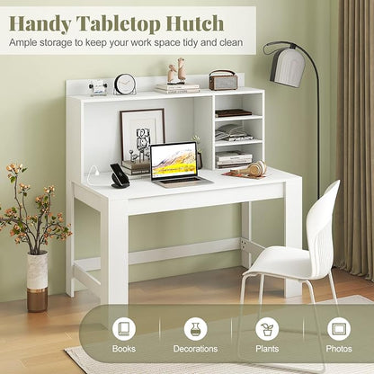 Giantex Computer Desk with Hutch, Modern Home Office Desk with Power Outlets, Storage Shelves & Cable Hole, Makeup Vanity Table, Study Writing Desk for Bedroom Office Small Space, White