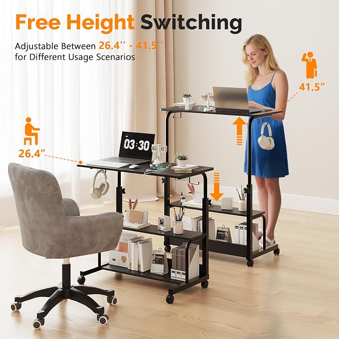 VINGLI 31.5" Mobile Small Standing Desk, Adjustable Height Mobile Computer Desk, w/2 AC Outlets + 3 USB Ports & Hooks, Storage Shelves, Suitable for Gaming, Studying, Home Office, Black