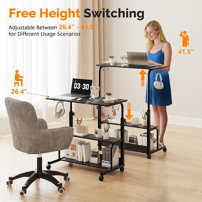 VINGLI 31.5" Mobile Small Standing Desk, Adjustable Height Mobile Computer Desk, w/2 AC Outlets + 3 USB Ports & Hooks, Storage Shelves, Suitable for Gaming, Studying, Home Office, Black