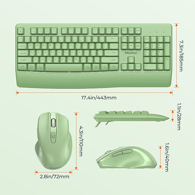 MEETION Green Wireless Keyboard and Mouse, Full-Sized Cordless Keyboard with Wrist Rest, 3 DPI Adjustable Mouse, 2.4GHz USB-A Receiver, Computer Keyboard for PC/Computer/Laptop/Windows/Mac