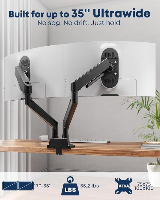 Dual Monitor Arm – fits 17-35 inch Heavy Duty Flat/Curved Monitors, Full Motion Adjustable Gas Spring Arms Hold 35.2 lbs per Arm with Clamp & Grommet Desk Mount, VESA 75/100mm, Black