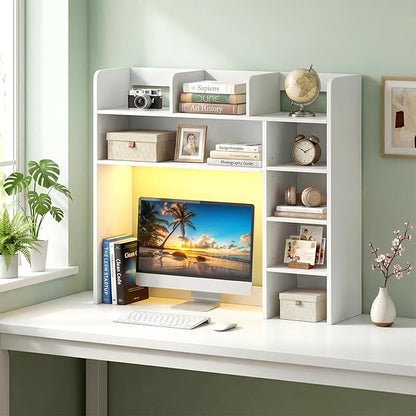 LDAILY Desktop Bookshelf with LED Lights, 35.5’’ Wooden Desk Shelf with 8 Cubes & 3 Adjustable Storage Shelves, 5-Tier Desk Hutch for Dorm College Office Computer Monitor Up to 25’’(White)