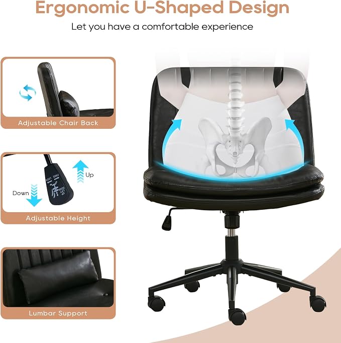 IPKIG Criss Cross Chair, Small Armless Desk Office Computer Chair with Wheels and Lumbar Pillow, Comfy Adjustable Swivel Task Vanity Chair, PU Leather, Glossy Black