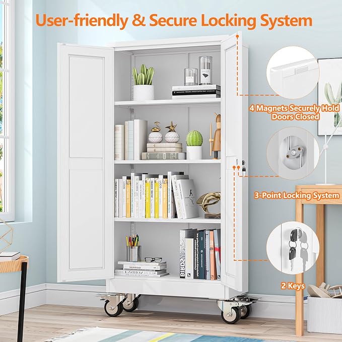 pozdeg 61" Metal Garage Storage Cabinets with Wheels, Lockable Rolling File Cabinets with 2 Doors and 3 Adjustable Shelves, Steel Tool Organizer Locker for Office Home Garage Gym School, White