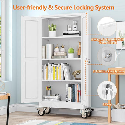 pozdeg 61" Metal Garage Storage Cabinets with Wheels, Lockable Rolling File Cabinets with 2 Doors and 3 Adjustable Shelves, Steel Tool Organizer Locker for Office Home Garage Gym School, White