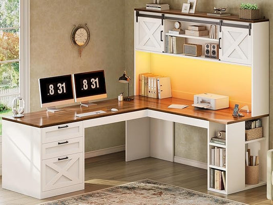 SEDETA 67" Farmhouse L Shaped Desk with Hutch, Home Office Desks with Drawers & Sliding Doors, Corner Computer Desk with Storage Shelves & Power Outlets, Executive Desk with LED Lights, White+Brown