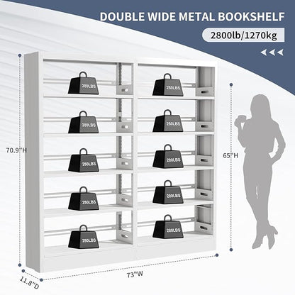 71" Expandable Combination Metal Bookshelf, 5 Tier Library Bookcase with Adjustable Shelves, Heavy Duty Bookshelves and Bookcases, Modern Book Shelf Tall Book Case/Shelves (73" W, White)