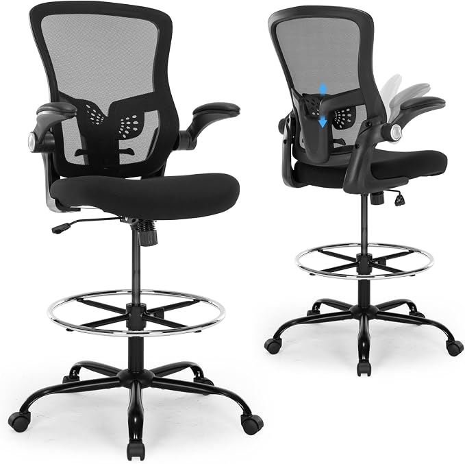 Drafting Chair, Ergonomic Tall Office Chair with Lumbar Support Standing Desk Stool with Flip-up Armrests Comfy High Office Desk Chair with Adjustable Foot Ring for Counter Height Desk, Black