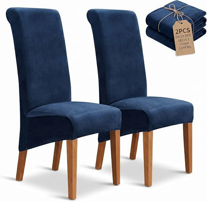 Deisy Dee Stretch XL/Oversized Extra Large Velvet Dining Room Chair Covers for Kitchen Dining，Removable Washable Chair Protectors Slipcovers (Navy, 2)