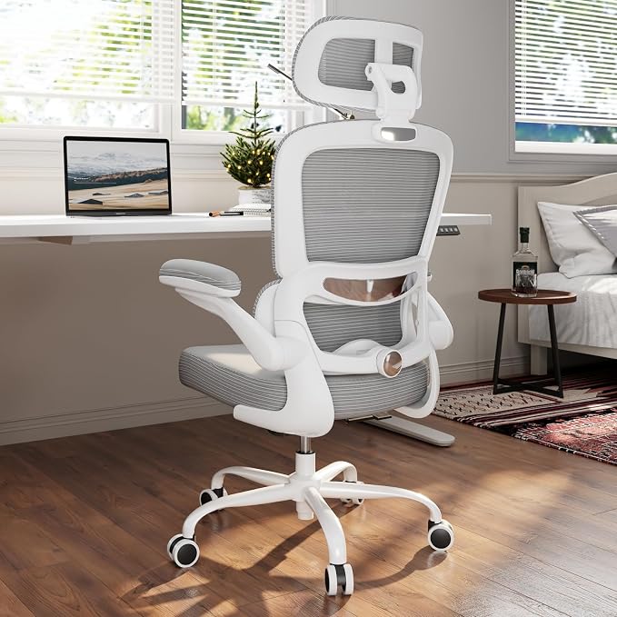 TRALT Ergonomic Office Chair - Desk Chair with Adjustable Headrest Lumbar Support Computer Chair - Mesh Comfy Chair with Flip-up Armrests - Gaming Chairs for Adults Home Office (Leather, Grey)