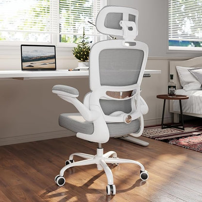 TRALT Ergonomic Office Chair - Desk Chair with Adjustable Headrest Lumbar Support Computer Chair - Mesh Comfy Chair with Flip-up Armrests - Gaming Chairs for Adults Home Office (Leather, Grey)