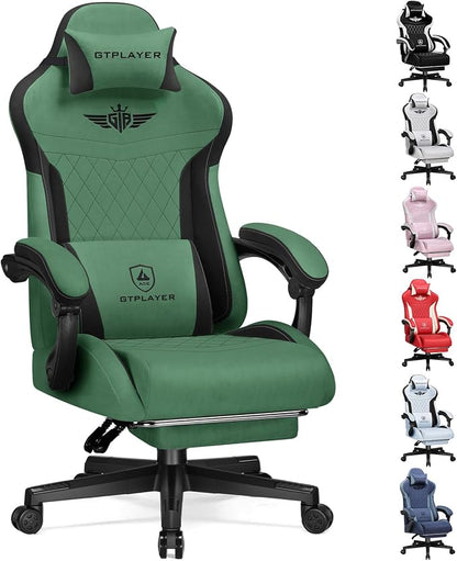 GTPLAYER Gaming Chair with Footrest, Big and Tall Game Chair High Back Computer Office Chair with Lumbar Support for Adults, Ergonomic Swivel Games Chair with Cushion Gaming, Fabric Green