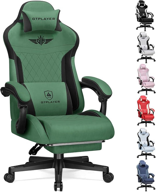 GTPLAYER Gaming Chair with Footrest, Big and Tall Game Chair High Back Computer Office Chair with Lumbar Support for Adults, Ergonomic Swivel Games Chair with Cushion Gaming, Fabric Green