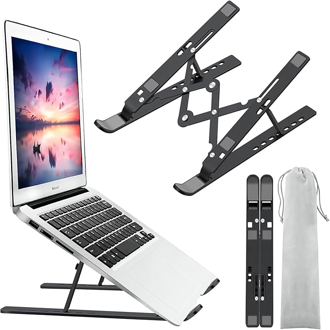 Leeboom Laptop Stand for Desk, Adjustable Foldable Aluminum Riser, Black | Supports most 10-15.6 inch laptops and tablets with adjustable height and angle for improved comfort