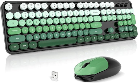 Wireless Keyboard and Mouse Combo, 2.4GHz Gradient Colorful Full-Size Retro Typewriter Keyboard with Wireless Mouse for PC/Desktop/Laptop/Windows (Black Green)
